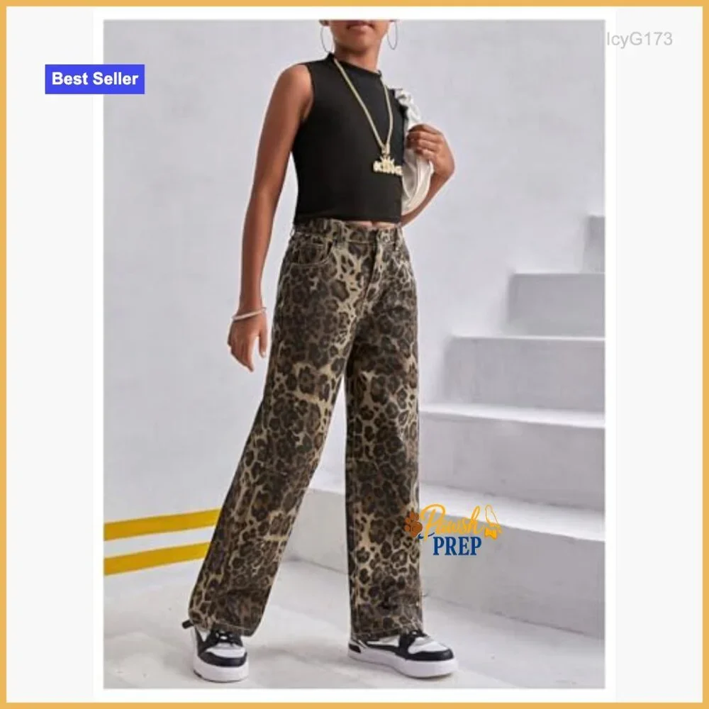Girls Straight Leg Denim Pants High Waist Elastic Waist Cheetah Print